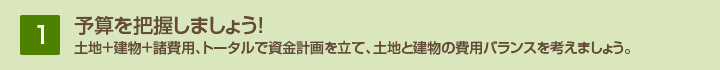 1.予算を把握しましょう!土地+建物+諸費用、トータルで資金計画を立て、土地と建物の費用バランスを考えましょう。